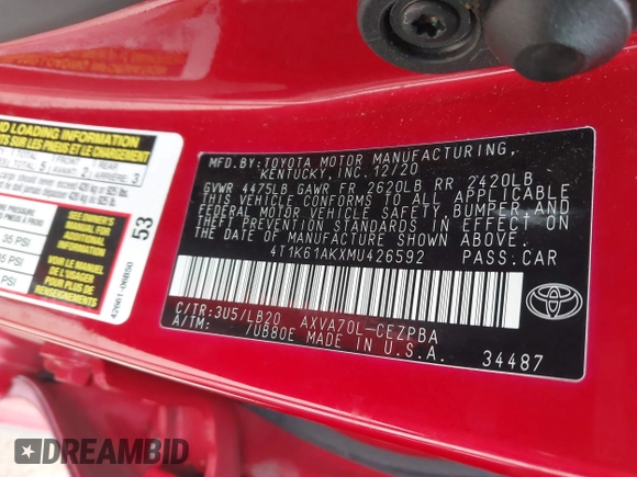 2021 Toyota Camry XSE z VIN 4T1K61AKXMU426592, wystawiony jako IAAI lot #41651425 z przebiegiem 56 485 mil mil oraz . Historia ofert i sprzedaży dostępna na DreamBid. Obrazek 9.