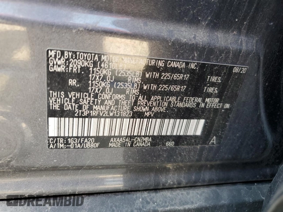 2020 Toyota RAV4 XLE with VIN 2T3P1RFV2LW131823, listed as a Copart auction lot 60246235 with 27,365 mi miles and Salvage title. Bid and sale history available at DreamBid. Image 14.