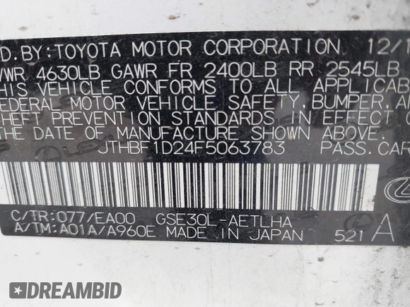 2015 Lexus IS 250 with VIN JTHBF1D24F5063783, listed as a IAAI auction lot 42496702 with 145,668 mi miles and . Bid and sale history available at DreamBid. Image 9.