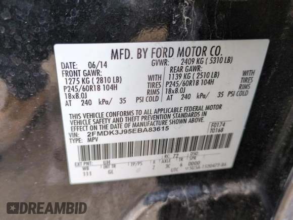 2014 Ford Edge SEL with VIN 2FMDK3J95EBA83615, listed as a Copart auction lot 51201445 with 127,376 mi miles and Salvage Title. Bid and sale history available at carsss.com. Image 12.