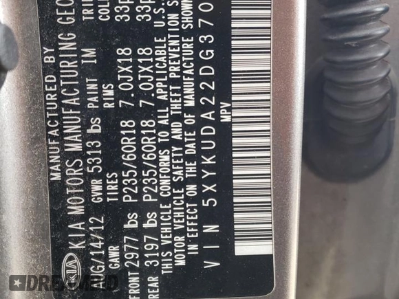 2013 Kia Sorento EX with VIN 5XYKUDA22DG370208, listed as a Copart auction lot 52539585 with 265,133 mi miles and Salvage title. Bid and sale history available at DreamBid. Image 12.