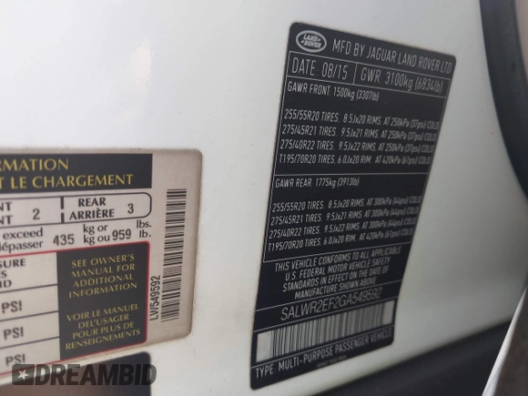 2016 Land Rover Range Rover Sport Dynamic with VIN SALWR2EF2GA549592, listed as a IAAI auction lot 42124624 with 113,630 mi miles and . Bid and sale history available at DreamBid. Image 9.