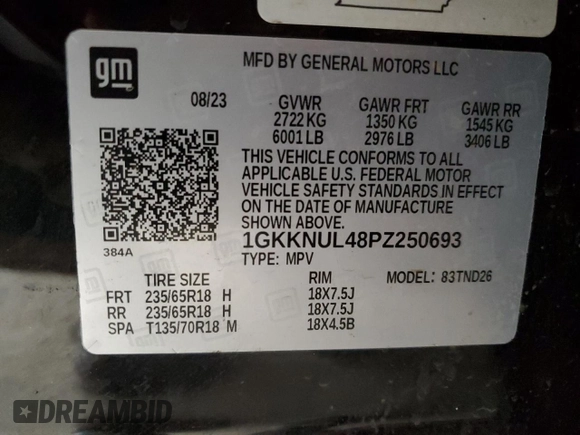2023 GMC Acadia SLT with VIN 1GKKNUL48PZ250693, listed as a Copart auction lot 52652125 with 17,429 mi miles and Clean Title. Bid and sale history available at DreamBid. Image 13.