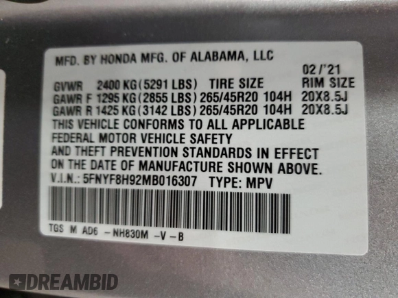 2021 Honda Passport Touring with VIN 5FNYF8H92MB016307, listed as a Copart auction lot 53087325 with 77,126 mi miles and Salvage Title. Bid and sale history available at carsss.com. Image 13.