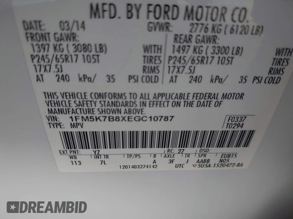 2014 Ford Explorer with VIN 1FM5K7B8XEGC10787, listed as a IAAI auction lot 41843570 with 180,714 mi miles and . Bid and sale history available at DreamBid. Image 9.