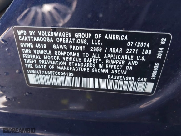 2015 Volkswagen Passat 1.8T S with VIN 1VWAT7A35FC006183, listed as a IAAI auction lot 40901588 with 138,030 mi miles. Bid and sale history available at carsss.com. Image 9.