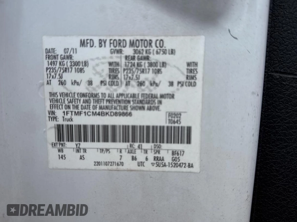 2011 Ford F-150 XL with VIN 1FTMF1CM4BKD89866, listed as a Copart auction lot 49290935 with 198,110 mi miles and Clean Title. Bid and sale history available at DreamBid. Image 10.