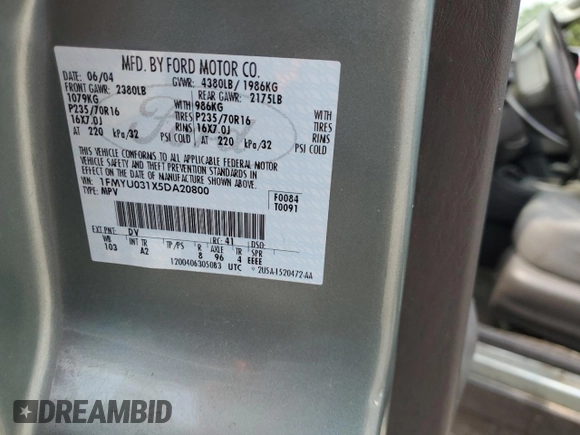 2005 Ford Escape XLT с VIN 1FMYU031X5DA20800, выставлен на аукционе Copart как лот 60664585 с пробегом 152 874 миль миль и Чистый • Clean title. История ставок и продаж доступна на DreamBid. Изображение 13.