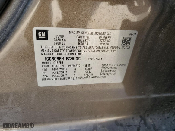 2014 Chevrolet Silverado 1500 LT with VIN 1GCRCREH1EZ261321, listed as a Copart auction lot 50057055 with 121,749 mi miles and Salvage Title. Bid and sale history available at carsss.com. Image 12.
