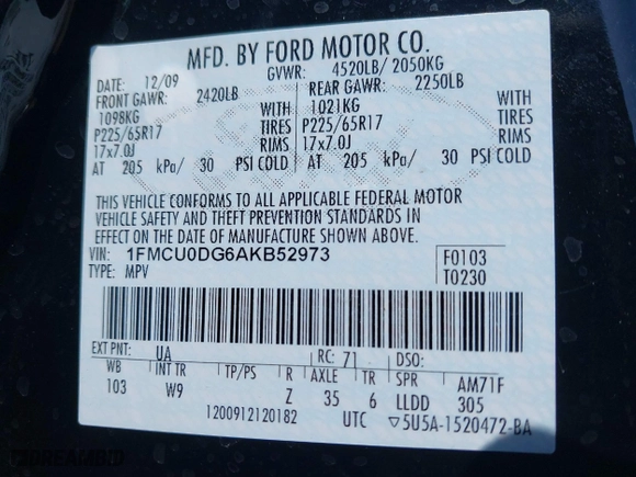 2010 Ford Escape XLT with VIN 1FMCU0DG6AKB52973, listed as a IAAI auction lot 41966024 with 137,774 mi miles. Bid and sale history available at carsss.com. Image 9.