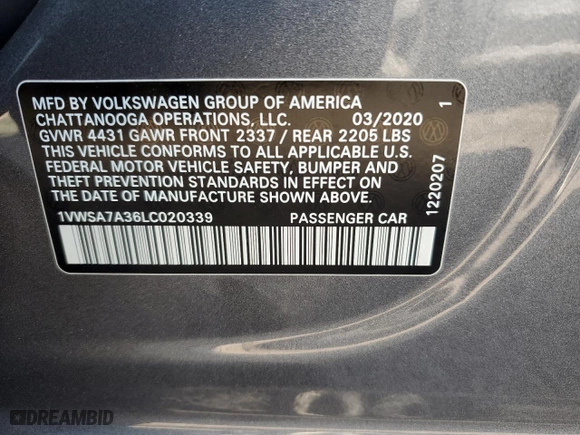 2020 Volkswagen Passat 2.0T SE with VIN 1VWSA7A36LC020339, listed as a Copart auction lot 65751432 with 50,380 mi miles. Bid and sale history available at carsss.com. Image 10.