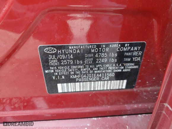 2014 Hyundai Azera with VIN KMHFG4JG1EA411560, listed as a Copart auction lot 75545444 with 66,322 mi miles and Non Repairable. Bid and sale history available at carsss.com. Image 13.