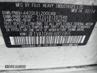 2015 Subaru WRX Limited with VIN JF1VA1G68F8803965, listed as a IAAI auction lot 41594024 with 147,381 mi miles. Bid and sale history available at carsss.com. Image 9.