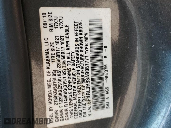 2010 Honda Odyssey Touring с VIN 5FNRL3H93AB087771, выставлен на аукционе Copart как лот 59322835 с пробегом 247 000 миль миль и Чистый • Clean title. История ставок и продаж доступна на DreamBid. Изображение 13.