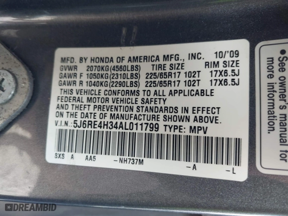 2010 Honda CR-V LX with VIN 5J6RE4H34AL011799, listed as a IAAI auction lot 41786687 with 118,955 mi miles. Bid and sale history available at carsss.com. Image 9.