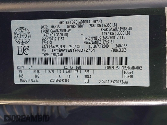 2015 Ford F-150 XLT с VIN 1FTEW1E81FKD72761, выставлен на аукционе IAAI как лот 42661624 с пробегом 140 948 миль миль и . История ставок и продаж доступна на DreamBid. Изображение 9.
