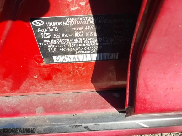 2019 Hyundai Sonata Sport with VIN 5NPE34AFXKH736229, listed as a IAAI auction lot 41355059 with 116,236 mi miles. Bid and sale history available at carsss.com. Image 9.