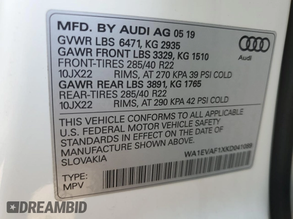 2019 Audi Q8 Premium Plus with VIN WA1EVAF1XKD041089, listed as a Copart auction lot 44420035 with 76,508 mi miles and Salvage Title. Bid and sale history available at carsss.com. Image 13.