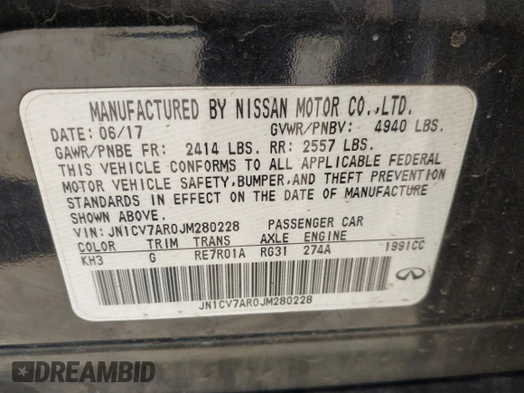 2018 Infiniti Q50 2.0t LUXE with VIN JN1CV7AR0JM280228, listed as a IAAI auction lot 41675002 with 203,946 mi miles. Bid and sale history available at carsss.com. Image 9.