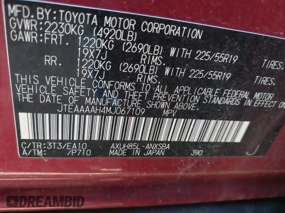 2021 Toyota Venza LE with VIN JTEAAAAH4MJ067109, listed as a IAAI auction lot 41694804 with 61,546 mi miles. Bid and sale history available at carsss.com. Image 9.