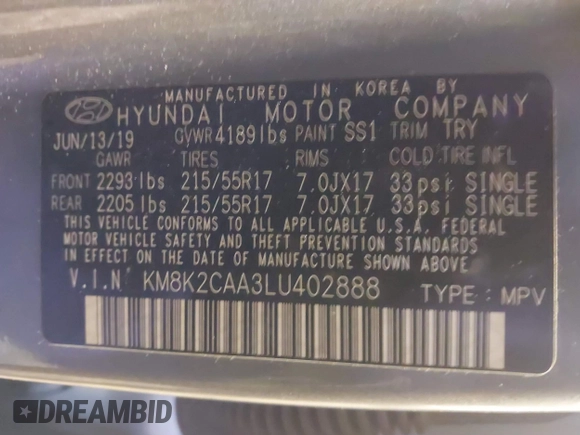 2020 Hyundai Kona SEL with VIN KM8K2CAA3LU402888, listed as a IAAI auction lot 41476463 with 29,533 mi miles. Bid and sale history available at carsss.com. Image 9.