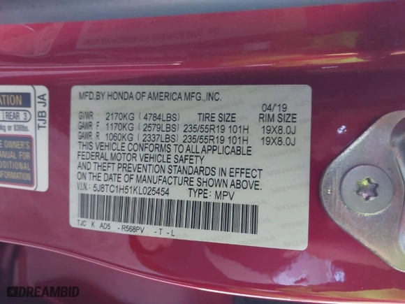2019 Acura RDX w/Technology Pkg with VIN 5J8TC1H51KL025454, listed as a IAAI auction lot 41671946 with 91,017 mi miles. Bid and sale history available at carsss.com. Image 9.