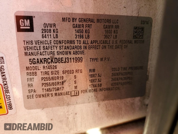 2014 Buick Enclave Premium with VIN 5GAKRCKD8EJ311999, listed as a Copart auction lot 80928474 with 189,430 mi miles and Salvage Title. Bid and sale history available at carsss.com. Image 13.