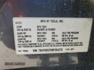 2022 Tesla Model Y Performance with VIN 7SAYGDEF8NF384270, listed as a Copart auction lot 56718215 with Not provided miles and Salvage title. Bid and sale history available at DreamBid. Image 13.