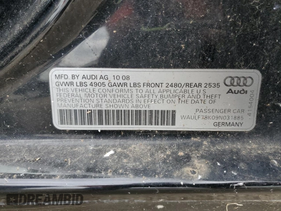 2009 Audi A4 Premium с VIN WAULF78K09N031885, выставлен на аукционе Copart как лот 52491045 с пробегом 134 767 миль миль и Чистый • Clean title. История ставок и продаж доступна на DreamBid. Изображение 12.