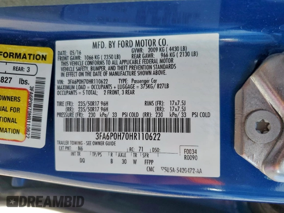 2017 Ford Fusion SE with VIN 3FA6P0H70HR110622, listed as a Copart auction lot 62131415 with 85,233 mi miles and Salvage title. Bid and sale history available at DreamBid. Image 12.