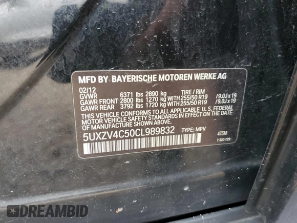 2012 BMW X5 35i with VIN 5UXZV4C50CL989832, listed as a Copart auction lot 62606485 with 157,025 mi miles and Clean title. Bid and sale history available at DreamBid. Image 13.