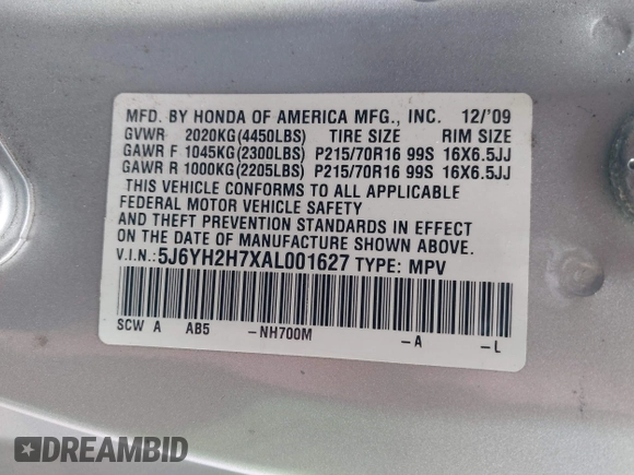 2010 Honda Element EX with VIN 5J6YH2H7XAL001627, listed as a IAAI auction lot 41961495 with 280,088 mi miles and . Bid and sale history available at DreamBid. Image 9.