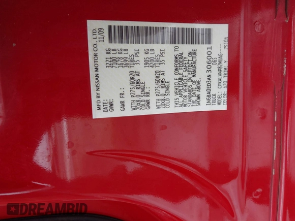 2010 Nissan Titan SE with VIN 1N6BA0ED3AN306001, listed as a IAAI auction lot 41395118 with 146,287 mi miles. Bid and sale history available at carsss.com. Image 9.