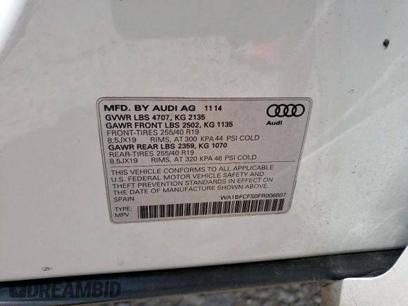 2015 Audi Q3 Premium Plus with VIN WA1BFCFS0FR006607, listed as a Copart auction lot 59533385 with 103,736 mi miles and Salvage title. Bid and sale history available at DreamBid. Image 13.