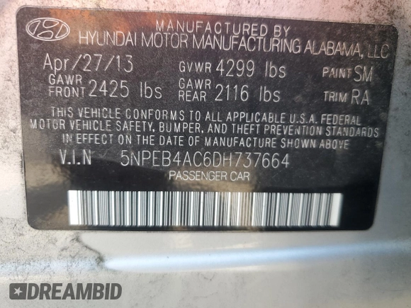 2013 Hyundai Sonata GLS with VIN 5NPEB4AC6DH737664, listed as a Copart auction lot 55560495 with 207,049 mi miles and Clean Title. Bid and sale history available at carsss.com. Image 12.