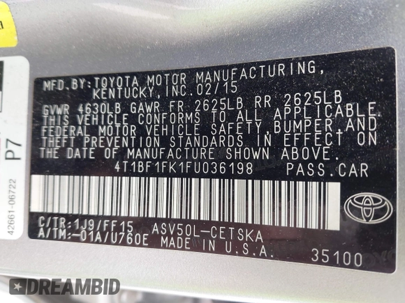 2015 Toyota Camry XLE with VIN 4T1BF1FK1FU036198, listed as a IAAI auction lot 42066857 with 84,619 mi miles. Bid and sale history available at carsss.com. Image 9.