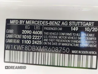 2021 Mercedes-Benz C 300 with VIN W1KWF8DBXMR608750, listed as a IAAI auction lot 41735468 with 20,712 mi miles and . Bid and sale history available at carsss.com. Image 9.