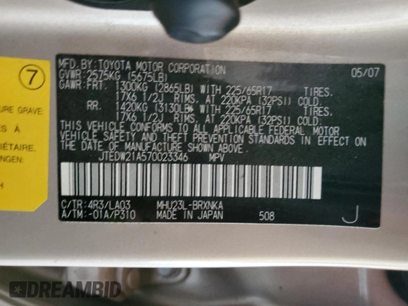 2007 Toyota Highlander w/3rd Row z VIN JTEDW21A570023346, wystawiony jako Copart lot #56323745 z przebiegiem 251 862 mil mil oraz Szkoda całkowita • Salvage title. Historia ofert i sprzedaży dostępna na DreamBid. Obrazek 12.