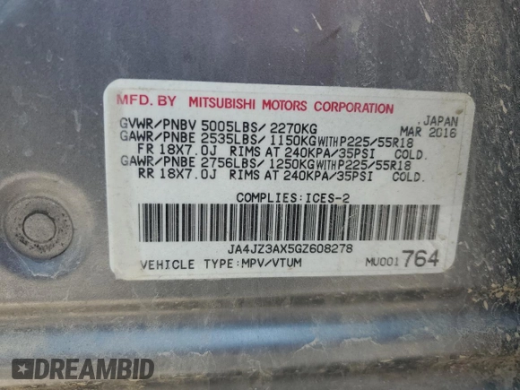 2016 Mitsubishi Outlander SE with VIN JA4JZ3AX5GZ608278, listed as a Copart auction lot 59743195 with Not provided miles and Clean title. Bid and sale history available at DreamBid. Image 12.