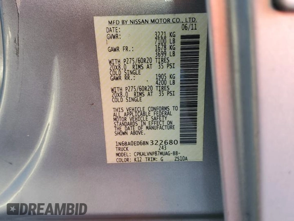 2011 Nissan Titan SV with VIN 1N6BA0ED6BN322680, listed as a Copart auction lot 85278084 with 157,665 mi miles and Salvage Title. Bid and sale history available at DreamBid. Image 12.