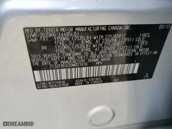 2013 Toyota RAV4 LE with VIN 2T3ZFREV2DW021836, listed as a Copart auction lot 45758955 with 0 mi miles and Salvage Title. Bid and sale history available at carsss.com. Image 13.