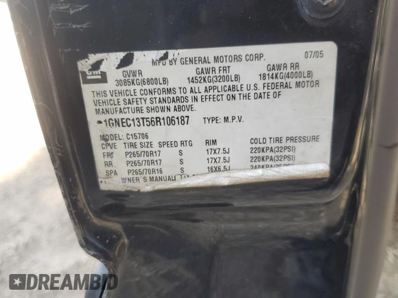 2006 Chevrolet Tahoe Z71 with VIN 1GNEC13T56R106187, listed as a Copart auction lot 60729985 with 72,710 mi miles and Salvage title. Bid and sale history available at DreamBid. Image 13.