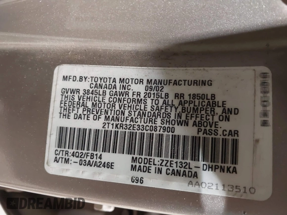 2003 Toyota Matrix Std z VIN 2T1KR32E33C087900, wystawiony jako IAAI lot #42512283 z przebiegiem 191 974 mil mil oraz . Historia ofert i sprzedaży dostępna na DreamBid. Obrazek 9.