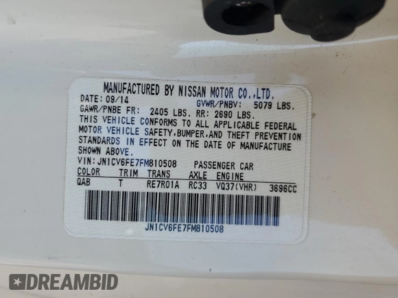 2015 Infiniti Q60 with VIN JN1CV6FE7FM810508, listed as a Copart auction lot 63295685 with 60,154 mi miles and Salvage title. Bid and sale history available at DreamBid. Image 12.