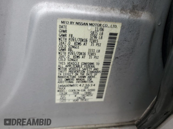 2007 Nissan Frontier SE with VIN 1N6AD09W97C423634, listed as a Copart auction lot 60997335 with 161,871 mi miles and Salvage title. Bid and sale history available at DreamBid. Image 13.