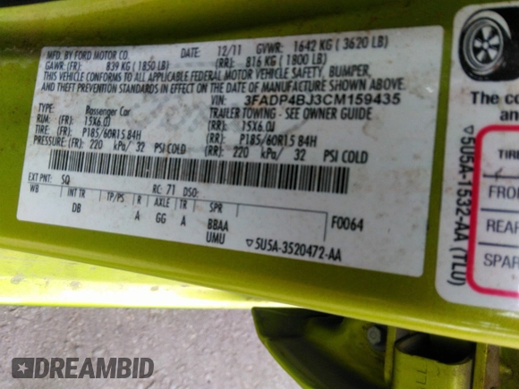 2012 Ford Fiesta SE with VIN 3FADP4BJ3CM159435, listed as a IAAI auction lot 38286404 with 131,808 mi miles and . Bid and sale history available at DreamBid. Image 9.