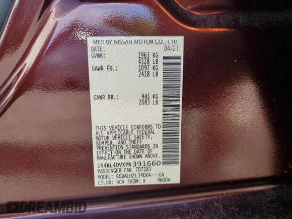 2023 Nissan Altima SV z VIN 1N4BL4DVXPN391660, wystawiony jako Copart lot #68321074 z przebiegiem 25 917 mil mil oraz Szkoda całkowita • Salvage title. Historia ofert i sprzedaży dostępna na DreamBid. Obrazek 12.
