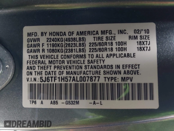2010 Honda Accord Crosstour EX-L with VIN 5J6TF1H57AL007877, listed as a IAAI auction lot 42129408 with 119,959 mi miles. Bid and sale history available at carsss.com. Image 9.