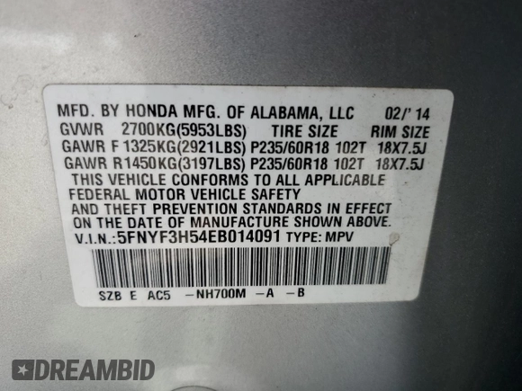 2014 Honda Pilot EX-L with VIN 5FNYF3H54EB014091, listed as a Copart auction lot 52781765 with Not Provided miles and Salvage Title. Bid and sale history available at DreamBid. Image 14.