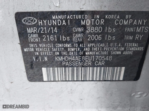 2014 Hyundai Elantra SE with VIN KMHDH4AE8EU170548, listed as a IAAI auction lot 41789097 with 196,055 mi miles. Bid and sale history available at carsss.com. Image 9.